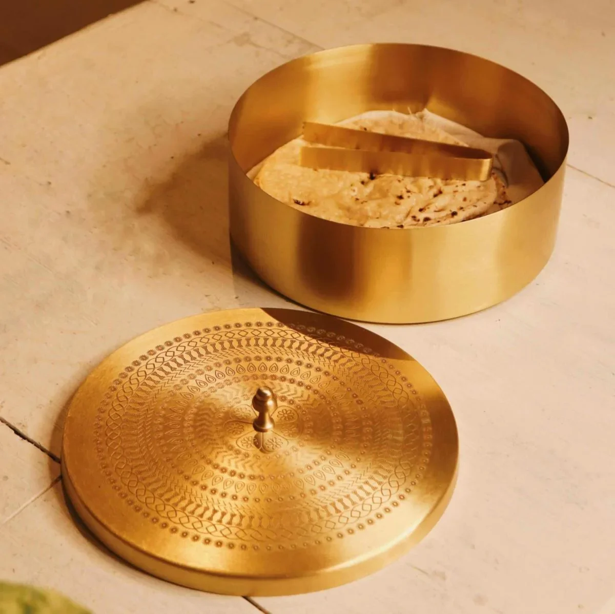 Brass Roti Chapati Box Mandala Art design with Tong - Image 5