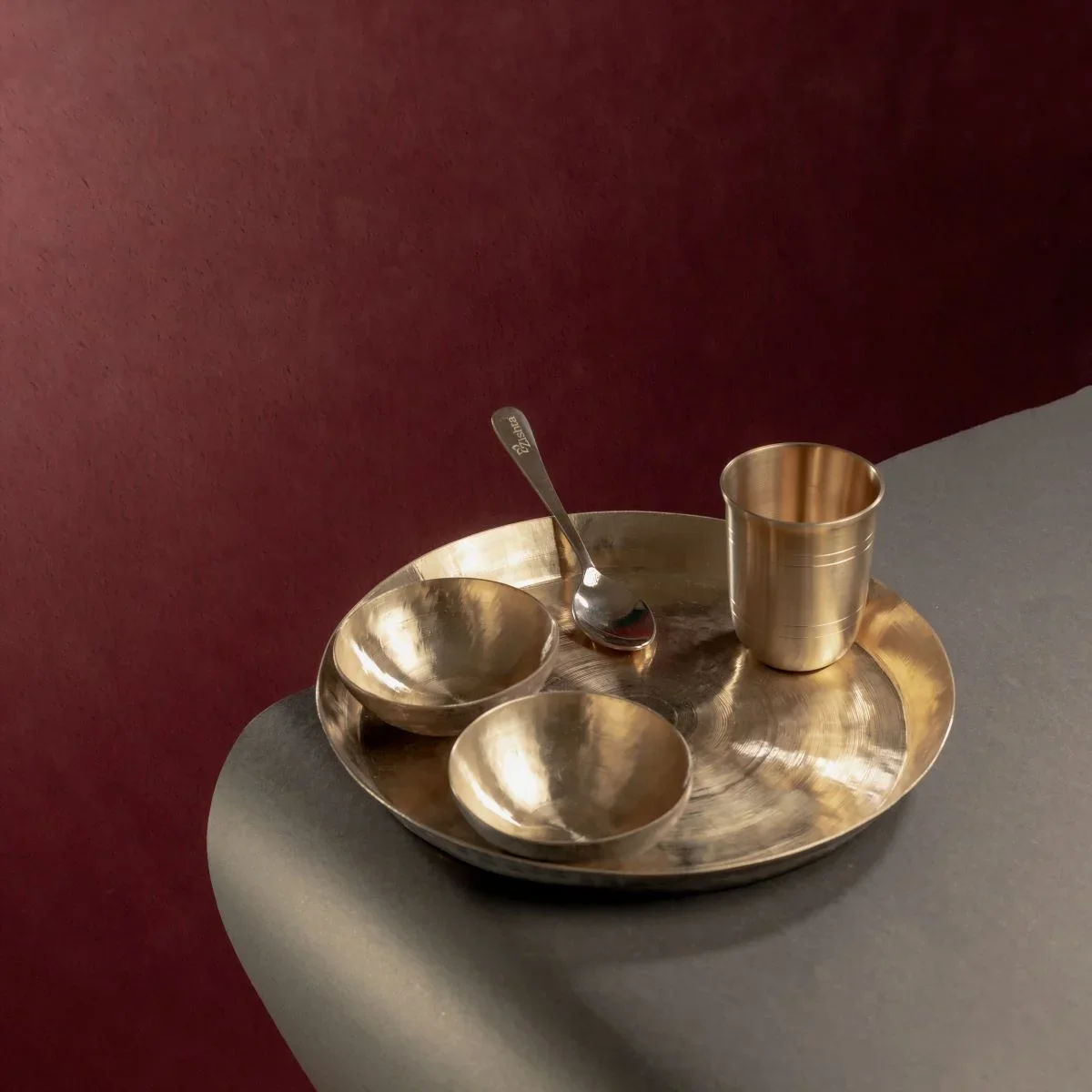 Kansa - Bronze Dinner Plate Set (Thali set: Plate, 2 katori, tumbler, 1 Spoon) - Image 3
