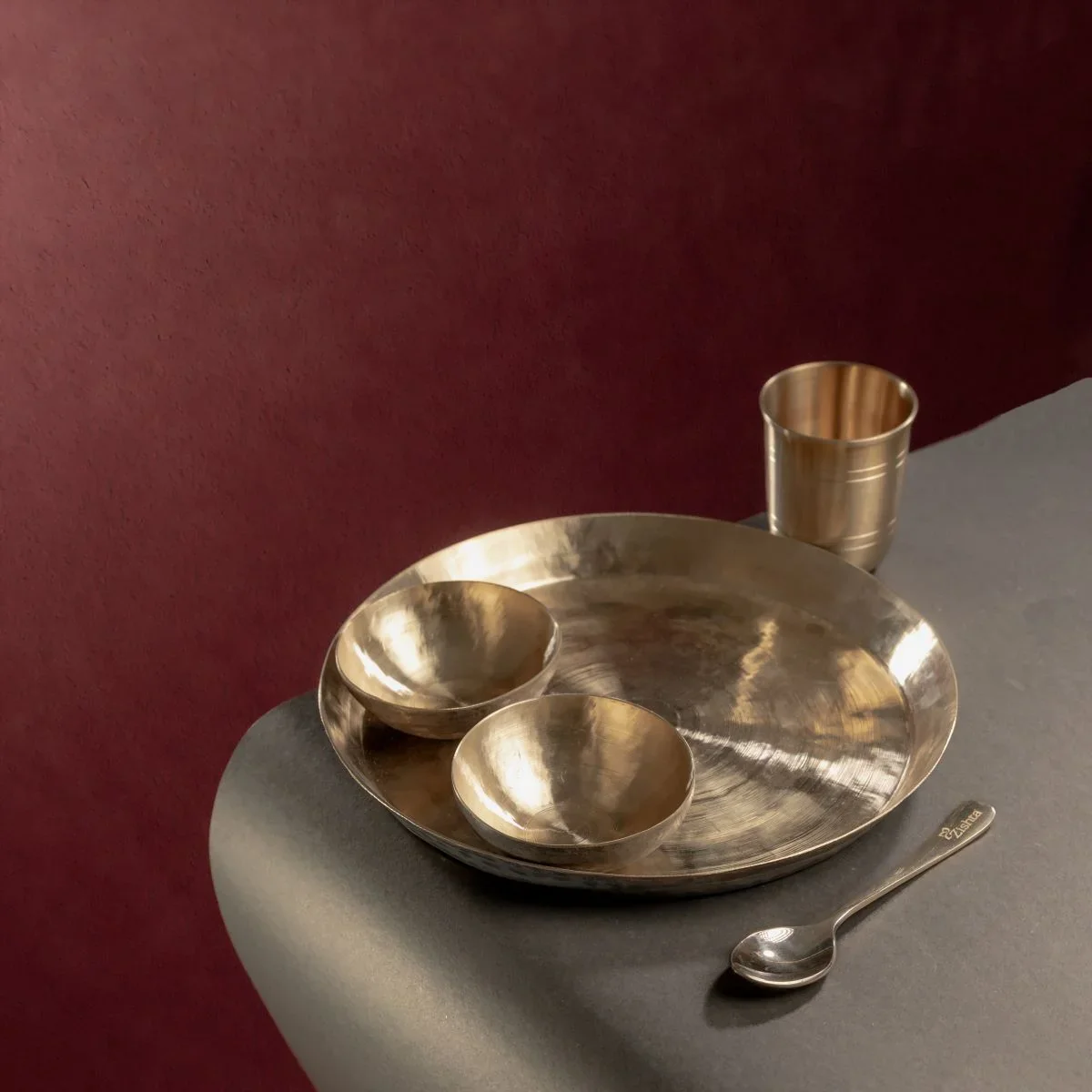 Kansa - Bronze Dinner Plate Set (Thali set: Plate, 2 katori, tumbler, 1 Spoon) - Image 4