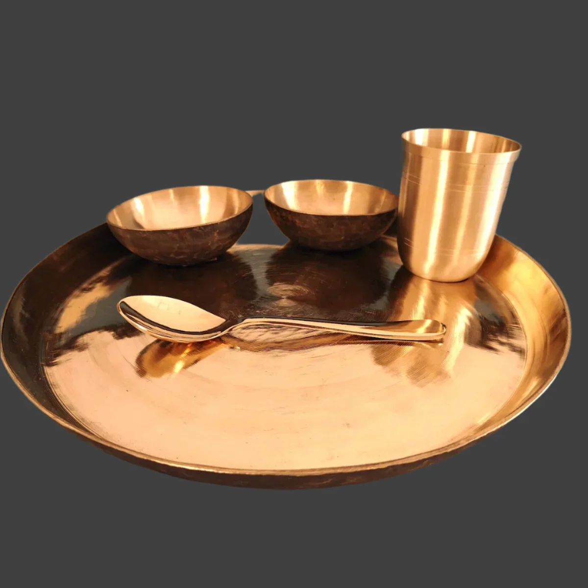 Kansa - Bronze Dinner Plate Set (Thali set: Plate, 2 katori, tumbler, 1 Spoon) - Image 5