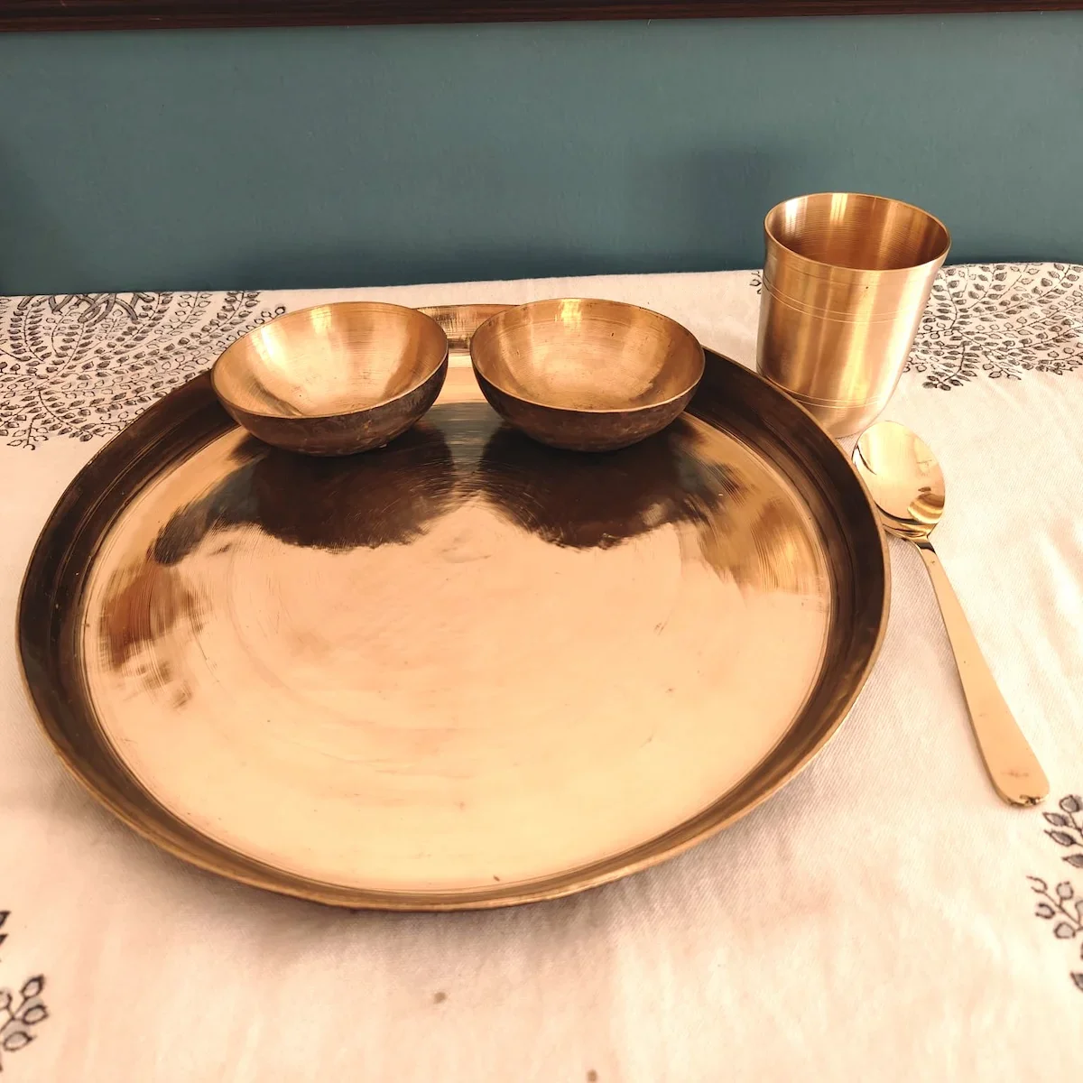 Kansa - Bronze Dinner Plate Set (Thali set: Plate, 2 katori, tumbler, 1 Spoon) - Image 6