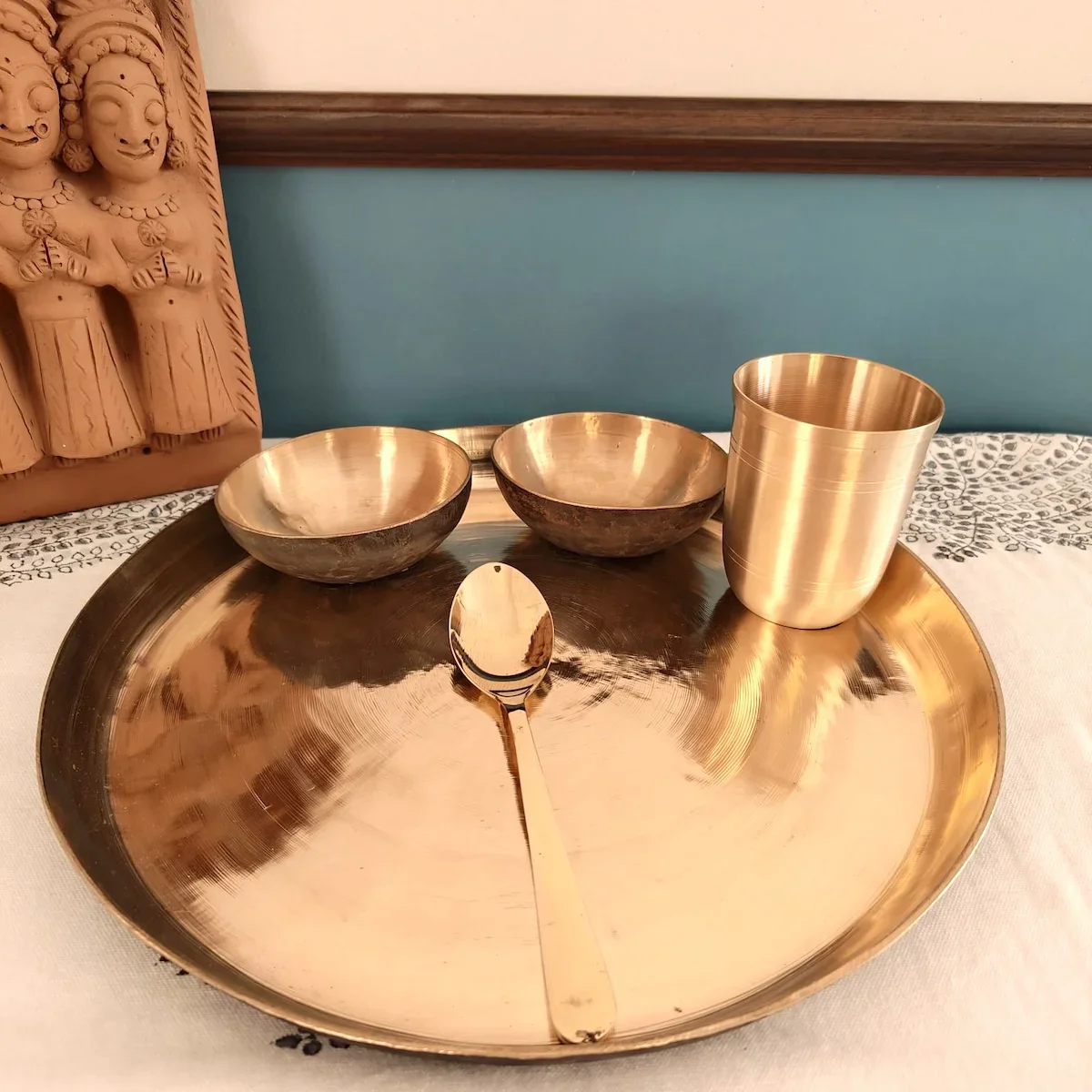 Kansa - Bronze Dinner Plate Set (Thali set: Plate, 2 katori, tumbler, 1 Spoon) - Image 8